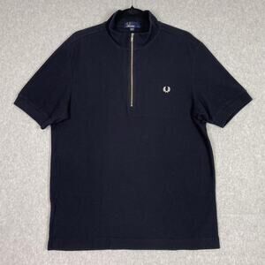 Fred Perry Shirt Mens L Black Funnel Neck Pique Polo 1/2 Zip Short Sleeve
